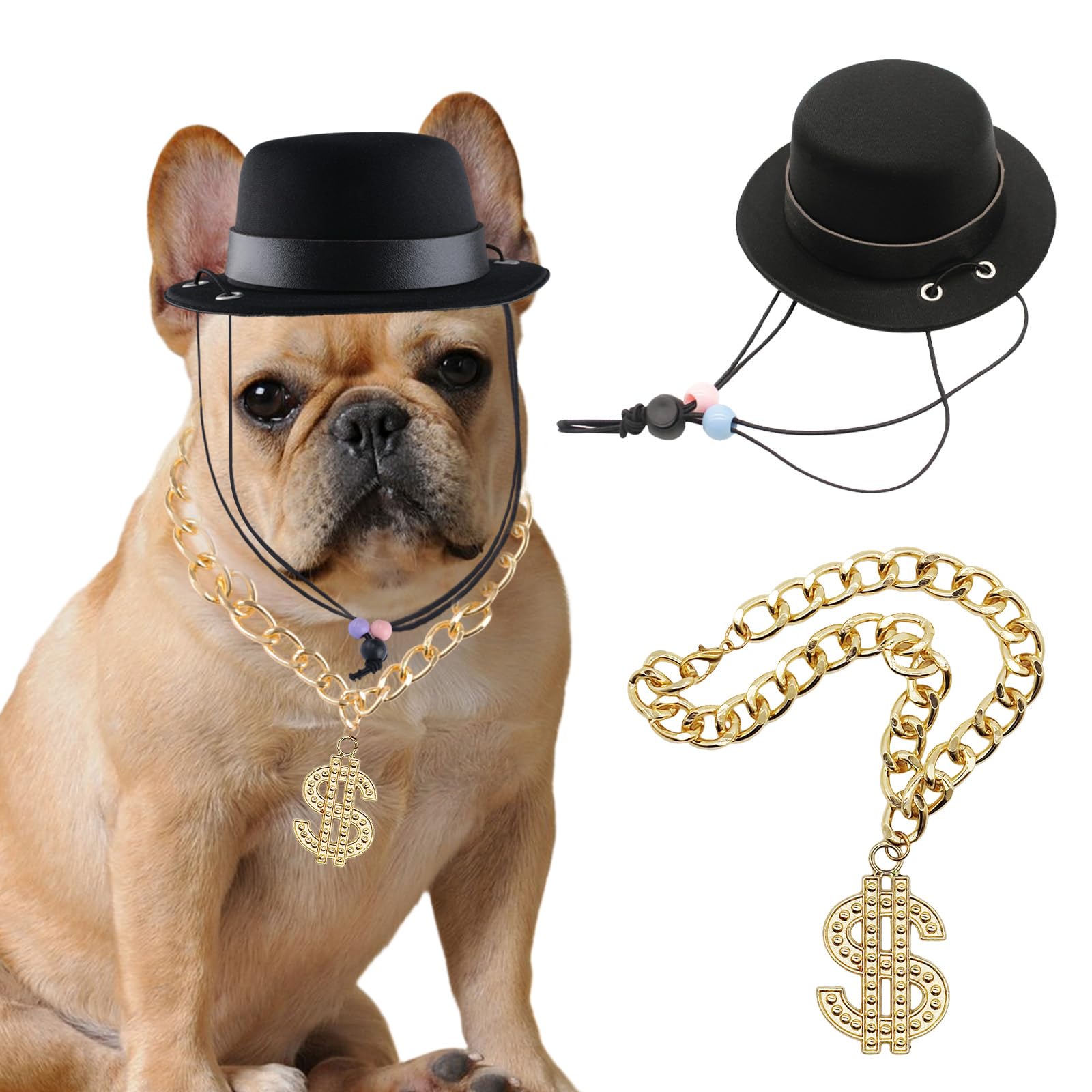 HACRAHO Pet Formal Hat with Chain, 2 PCS Pet Hat Formal Top Hat Costume Set Dog Top Hat and Pet Chain for Small Medium and Large Dogs, Black and Gold