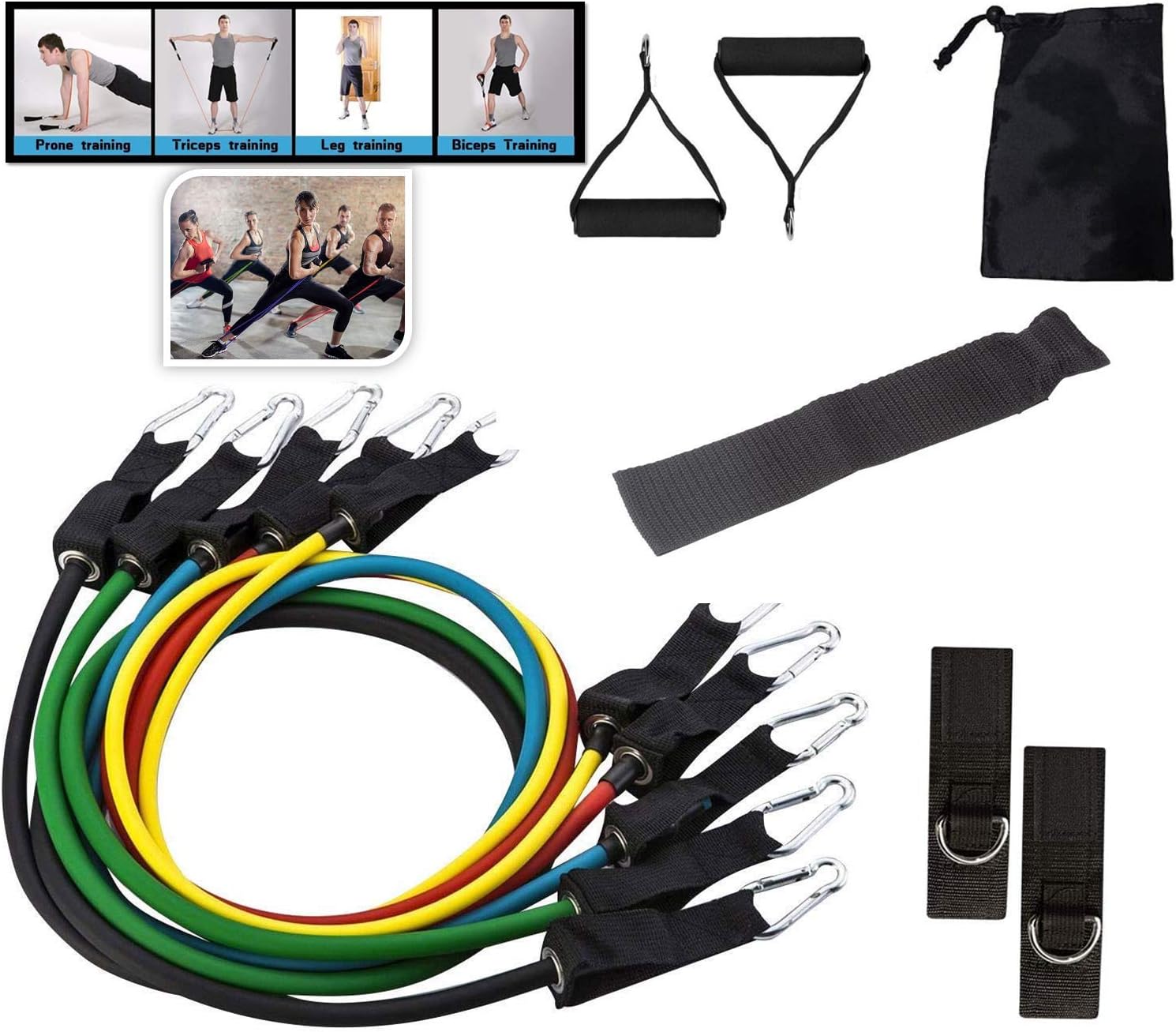Kiwilon 11 Pcs Resistance Bands for Exercise - Includes 5 Exercise Tubes, 1 Door Anchor, 1 Pair Ankle Straps, 1 Pair Handles & 1 Bag