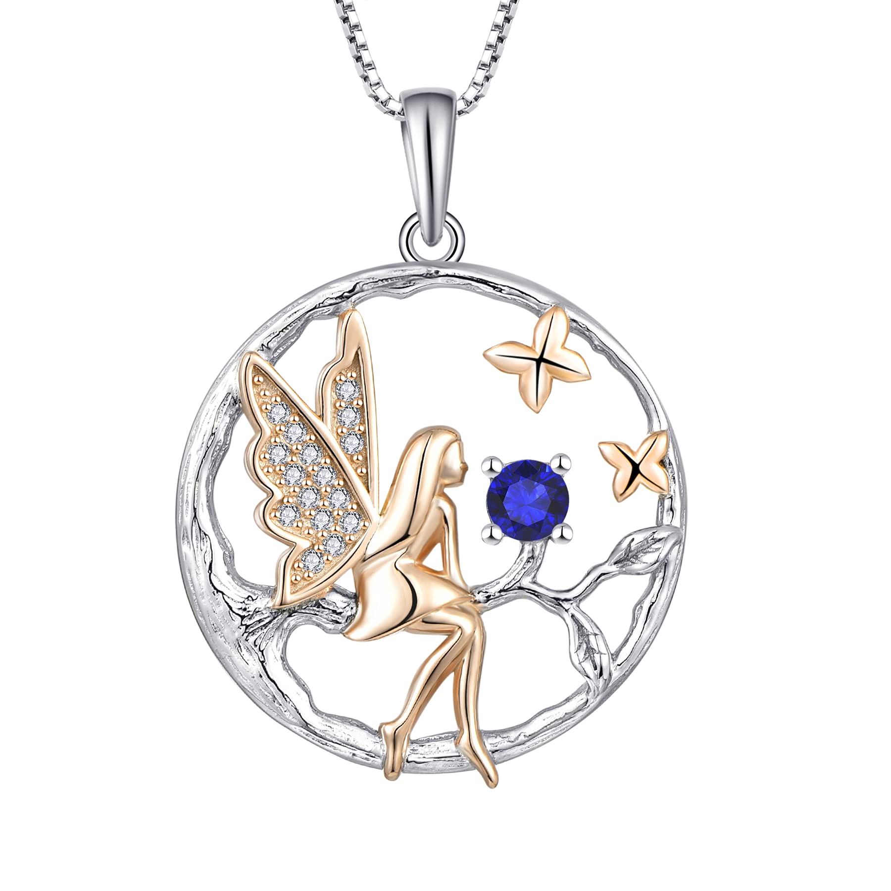 FJ Guardian Angel Necklace 925 Sterling Silver Tree of Life Necklace Fairy Pendant September Birthstone Sapphire Jewellery for Women — image 1