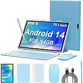 Android 14 Tablet, 10 Inch 8GB RAM+64GB ROM+1TB Expand, 1.8Ghz Quad-core Processor, 2 in 1 Tablets with Keyboard/Mouse/Case/S
