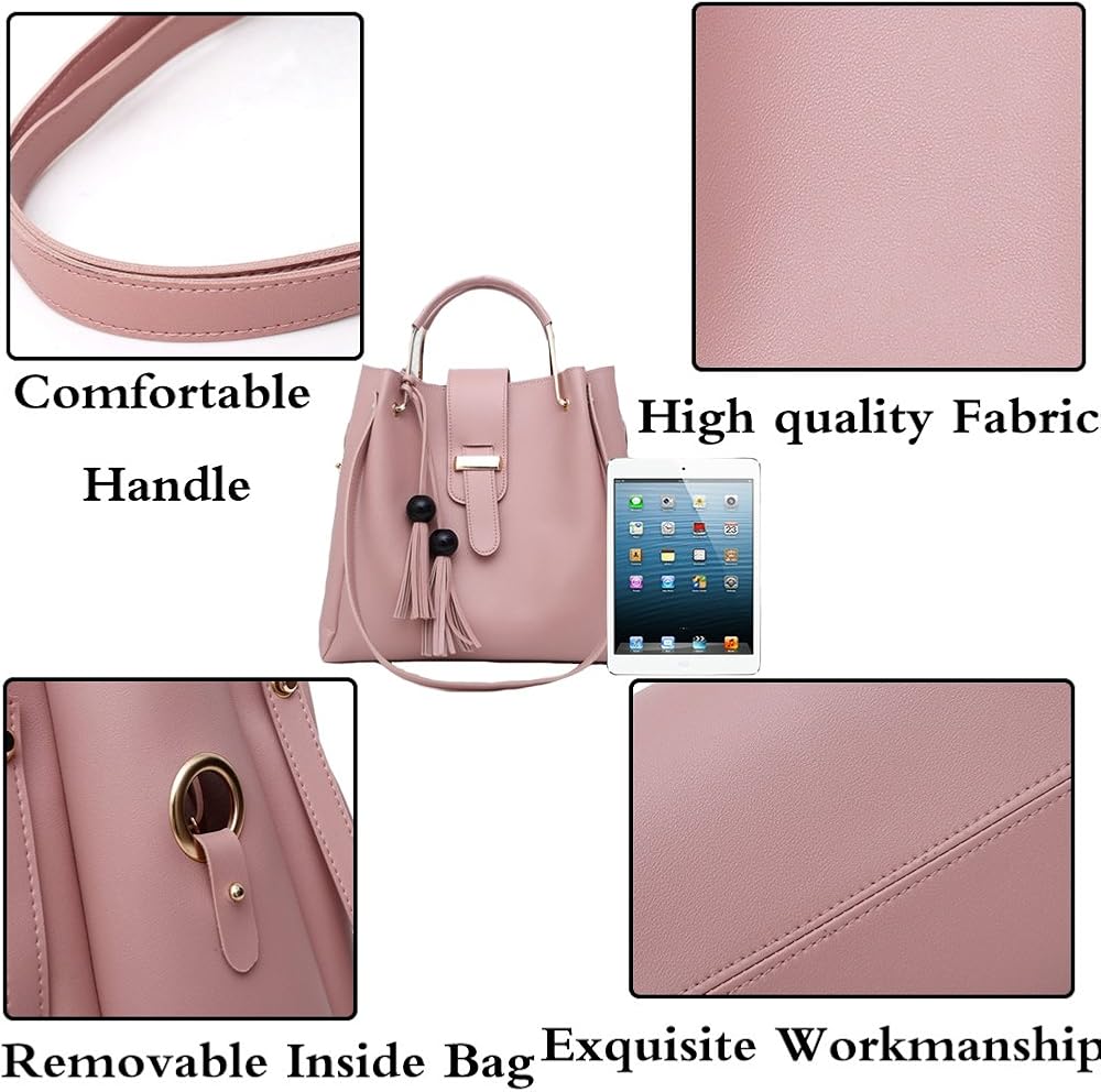 FiveloveTwo Women's Purse and Handbags 3 Pcs Bag Set PU Leather Tassel Totes Clutch Satchels Top Handle Shoulder Crossbody Bags Pack Pink - Image 5