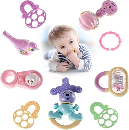 Amazon 赤ちゃん用ガラガラ おもちゃ 9個 乳児用 揺れるベルガラガラ 音楽玩具 Bpaフリー 幼児 0 3 6 9 12ヶ月 新生児 キャンディーカラー がらがら ラトル おもちゃ