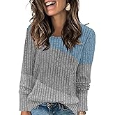 AYIFU Womens Lightweight Sweaters Long Sleeve Knit Color Block Sweater Crewneck Tops for Casual Fall Winter Tunic