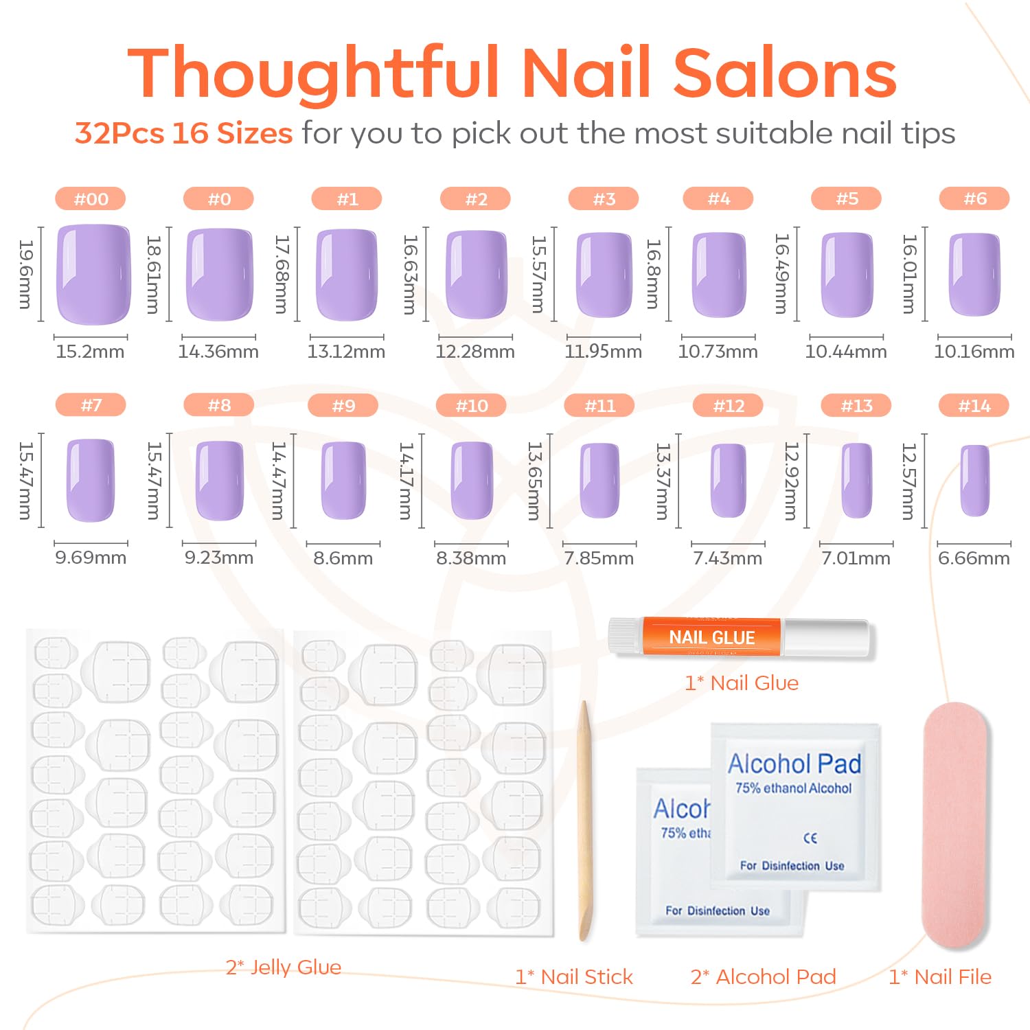 Modelones Purple Press on Nails, Spring Easter Short Square Fake Nails, Reusable Nail Kit with Nail Glue Adhesive Tabs Mini Nail File, Nails Press Ons 32Pcs 16 Sizes, Women Girl Gift - Image 4