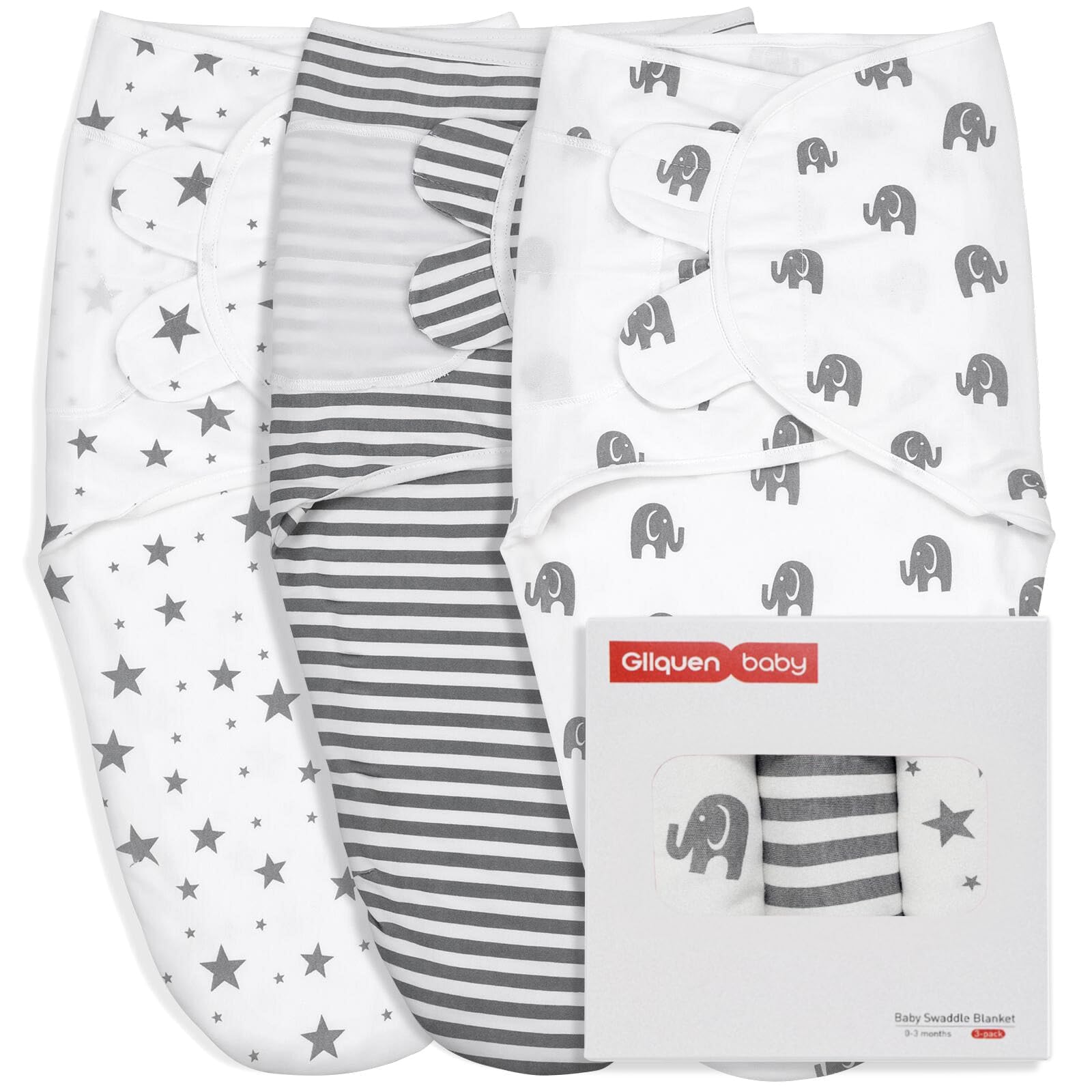 Photo 1 of GLLQUEN BABY Newborn Swaddle Blankets for Baby Boy, 3 Pack Baby Swaddles 0-3 Months, Swaddling Sleep Sack, Infant Wrap Swaddle Sack, Elephant & Star & Stripe, Newborn Essentials