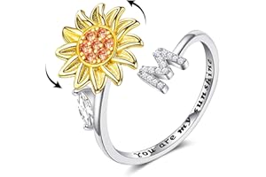 WFYOU Fidget Rings for Anxiety for Women Sunflower Initial Letter Spinner Open Adjustable Ring CZ Daisy Stress Relieving Rings Jewelry Gift for Women Valentine's Day You are My Sunshine Ring