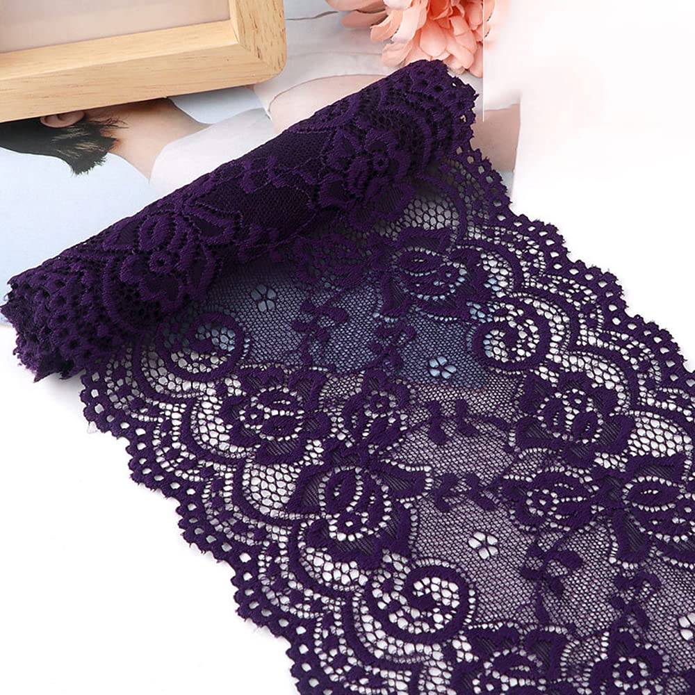 15 cm x 10 m Elasticity Lace Ribbon Lace Trim Decorative Ribbon Lace Trimming Ribbon for Sewing, DIY Crafts, Decoration for Clothes, Underwear, Lingerie, Wedding Dress, Table Decoration, Purple