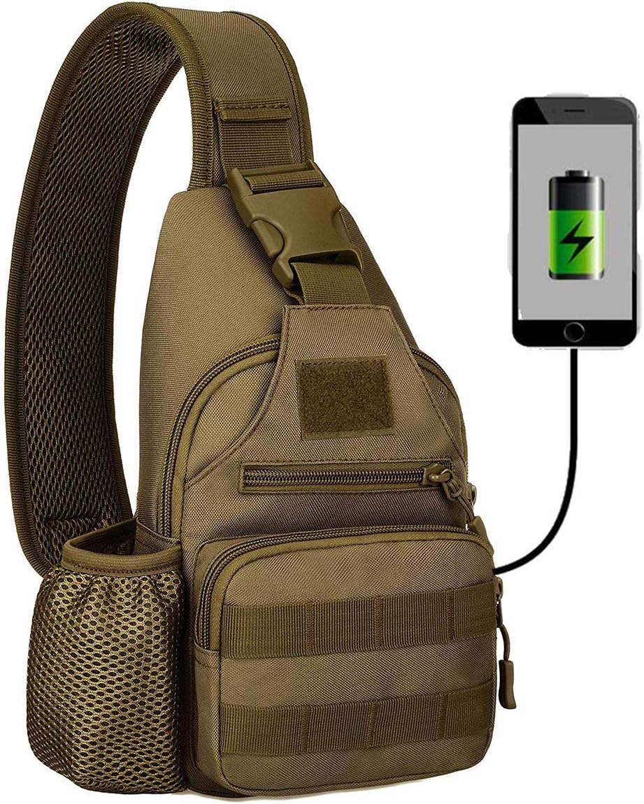 HUNTVP Tactical Military Chest Bag Molle Crossbody Shoulder Sling Pack Backpack with Water Bottle Holder USB Outlet, Brown