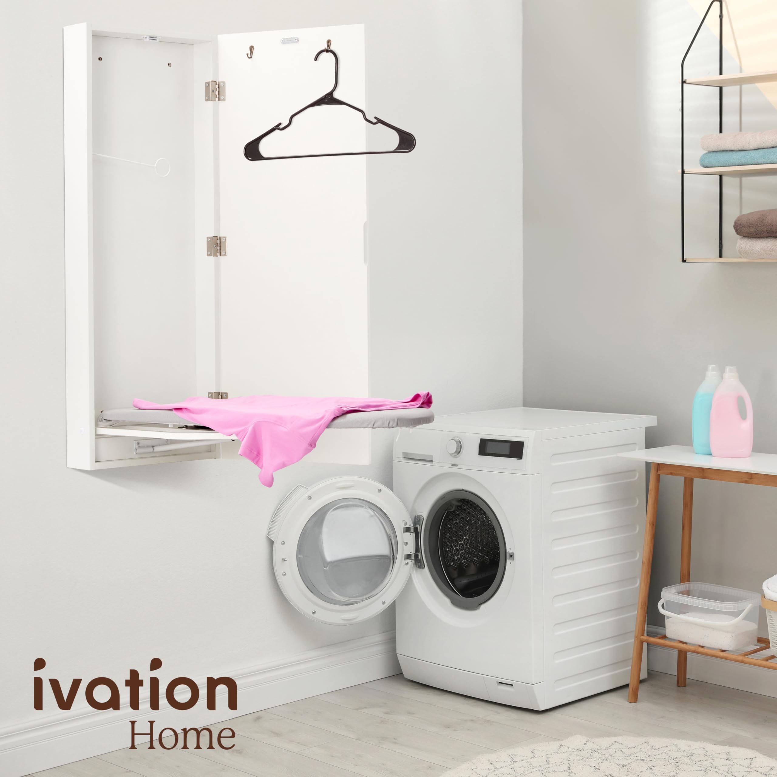 Ivation Wall-Mounted Ironing Board Cabinet with Mirror, Foldable Ironing Storage Station for Home, Apartment, Easy-Release Lever, Garment Hooks, White