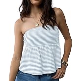 Cioatin Women Cute Strapless Striped Flowy Babydoll Bandeau Tube Tops Y2K Aesthetic Peplum Ruffle Shirt Summer Teen Going Out