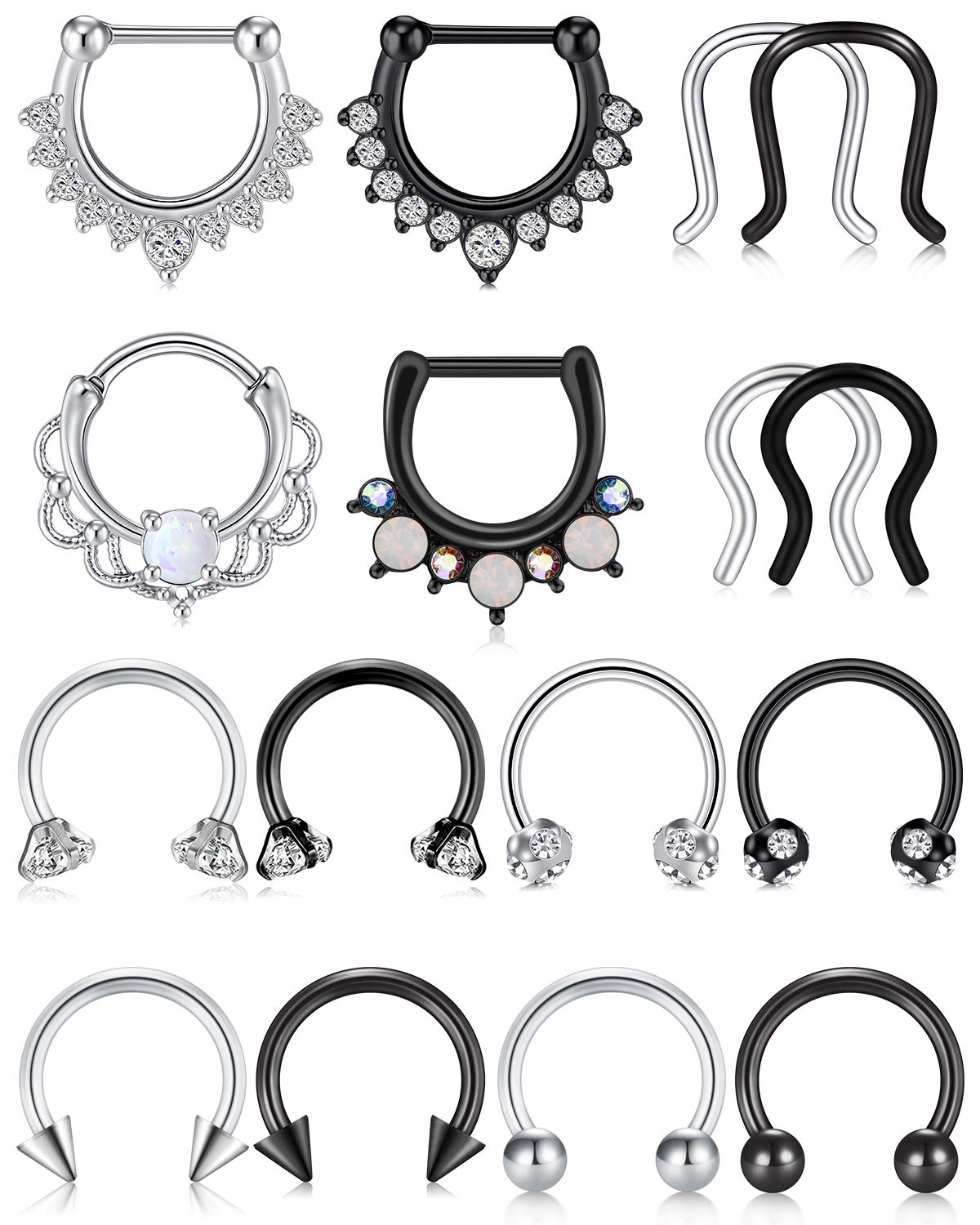 JFORYOU 16G Septum Jewelry Surgical Steel Hinged Seamless Septum Hoop Ring Horseshoe Rings Cartilage Daith Tragus Retainer Piercing Jewelry Synthetic Opal CZ 16PCS