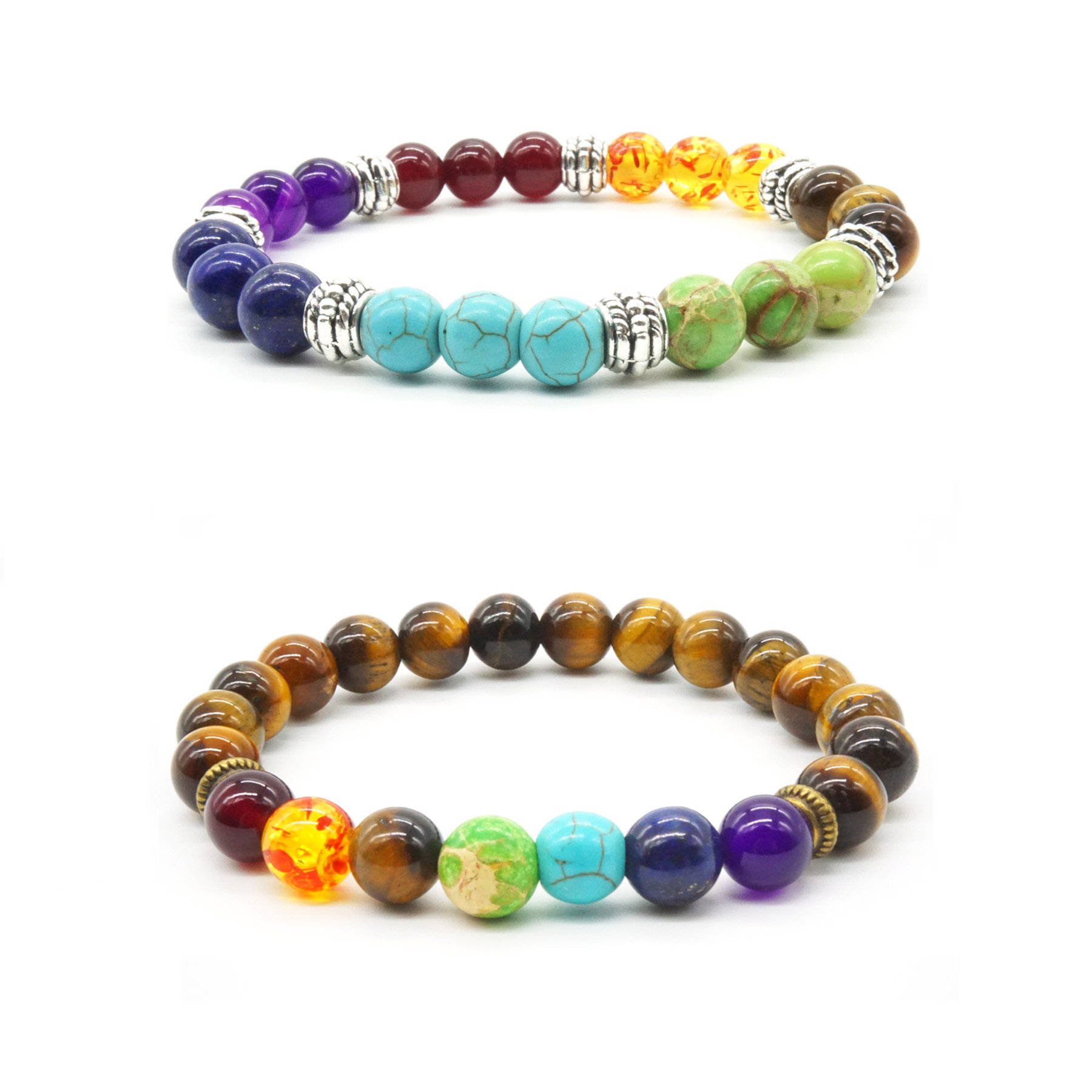 2 pcs Natural Tiger Eye Stone Bracelet Yoga Men and Women Elastic Bracelet 7 Chakra Stretch Bracelet