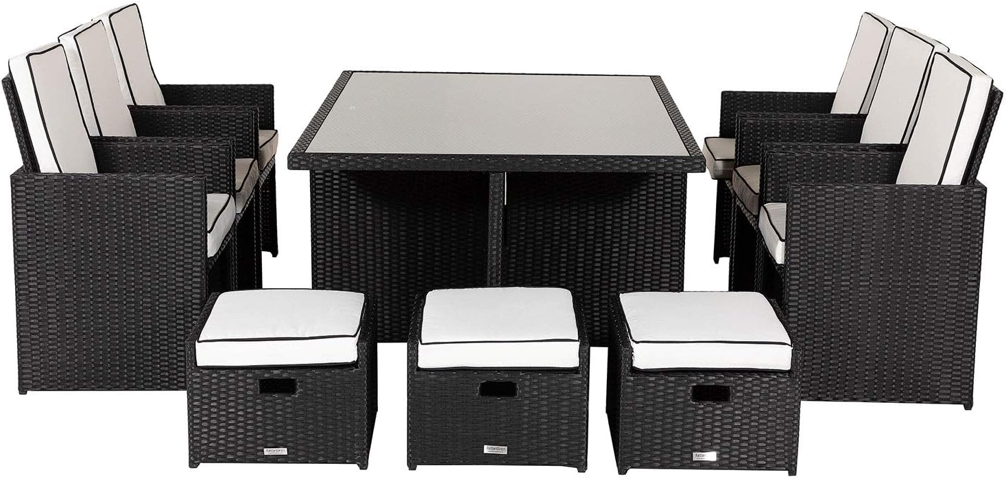 Premium Black 13 Piece Rattan Cube Set with Footstools and Outdoor Cover Deluxe Outdoor Garden Furniture