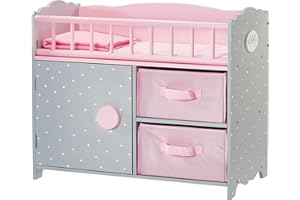 Olivia's Little World Wooden Baby Doll Crib with a Cabinet and Two Cubbies for Doll Accessory Storage Underneath, Pink and Gray and White Polka Dots