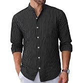 BAYAMO Men's Banded Collar Stripe Shirt, Linen Cotton Mandarin Collar Long Sleeve Button Down Shirts Collarless Tops