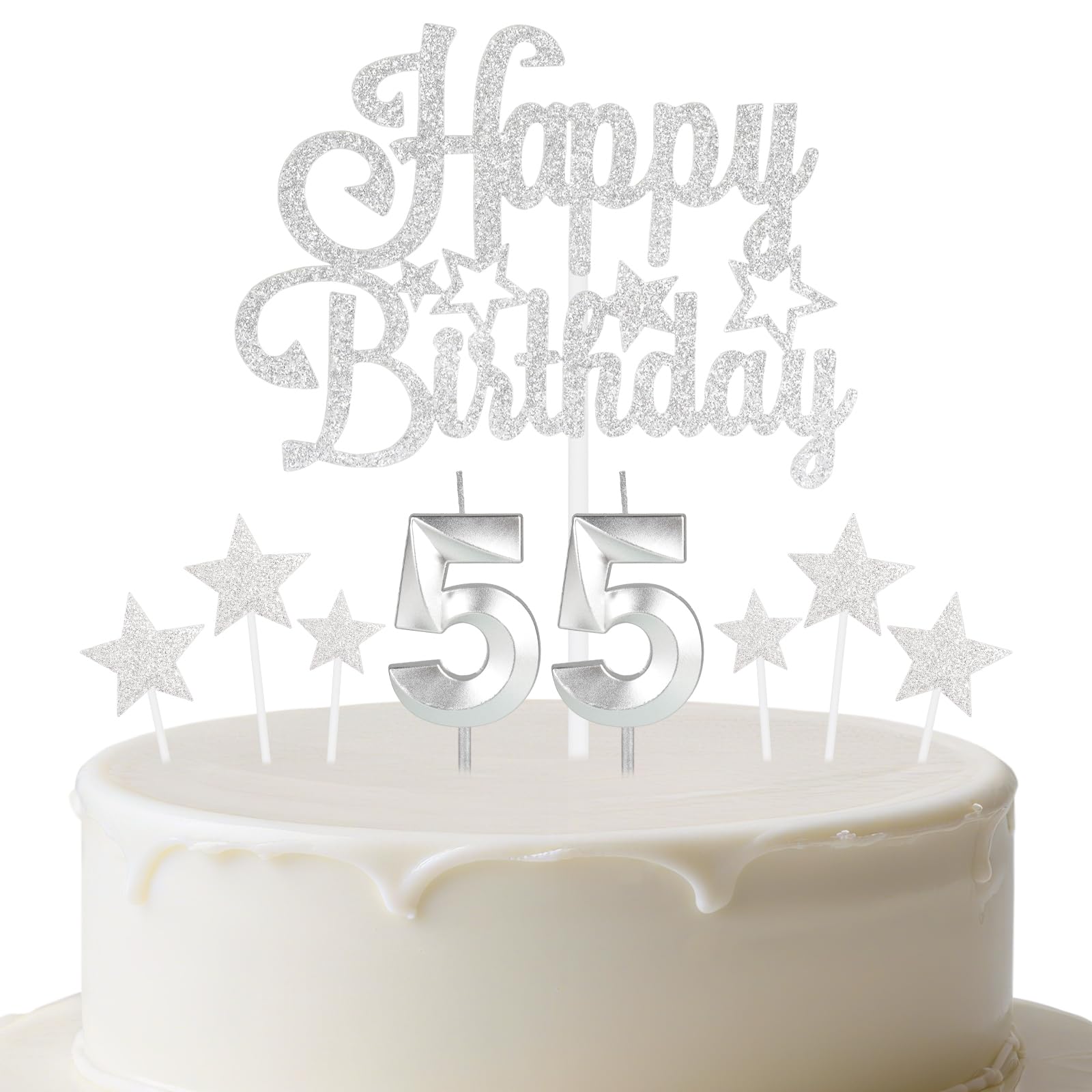 mciskin Silver Birthday Candles Set,Women Men 55th Birthday Decorations,Number 55 Candle for Cake,Silver Candles Cake Toppers with Star for Women Men Birthday Party Anniversary Decorations