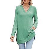 Famulily Womens Casual Long Sleeve V Neck Pullover Top Ribbed Knit Side Split Tunic Sweater