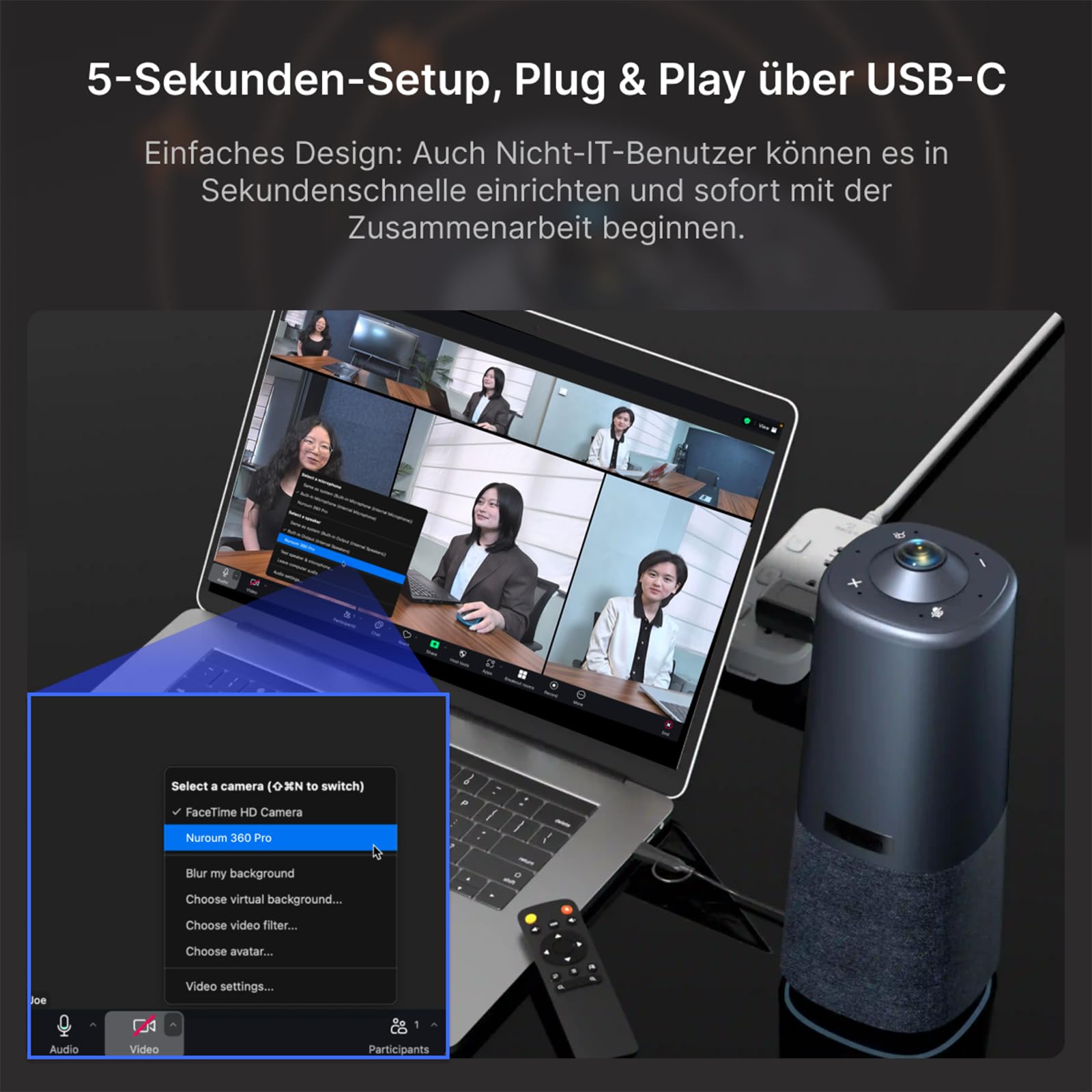 NUROUM 360 Pro Kamera für Videokonferenzen, 3 AI Modi, Intelligente Rauschunterdrückung & AGC, Webcam mit Mikrofon und Lautsprecher für Zoom/Teams/GoogleMeet auf PC/Laptop/Desktop 8