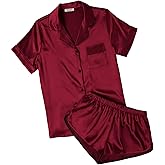 Ekouaer Womens Silk Satin Pajamas Short Sleeve PJS Shorts Set Soft Button Down Sleepwear 2 Piece Loungewear S-5XL