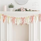 1 Pcs White Pink Bow Garland Banner – Elegant Hanging Satin Ribbon Bow Banner Decorations for Baby Shower, Wedding, Birthday, Engagement, Bridal Shower or Christmas Party Decor