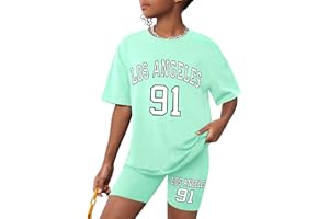 CRISONE Girls Clothes Summer Outfits Graphic Letter Print Tee Shirt + Biker Shorts 2Pcs Clothing Set 7-16T
