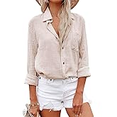 Aoudery Womens Button Down Shirts Cotton Dress Shirt Long Sleeve Oversized Boyfriend Solid Tunic Tops with Pockets