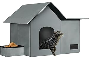 ANYSINY Cat Houses for Outdoor Cats-Large Weatherproof Cat Bed for Indoor Cats,Collapsible Warm Feral Cat Shelter with Removable Soft Mat and Bowl for Winter (Gray, Large)