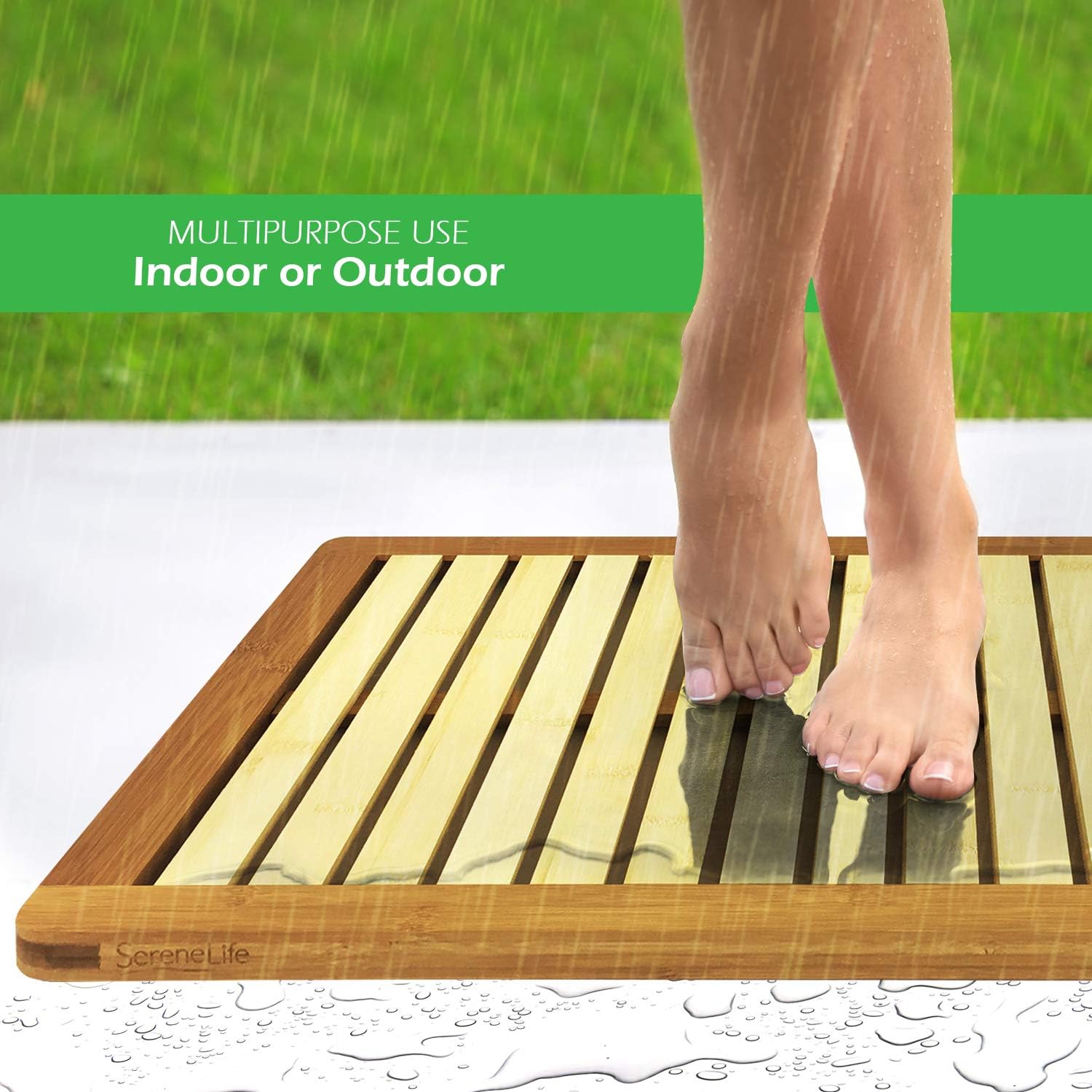 SereneLife Bamboo Wood Bathroom Bath Mat-Heavy Duty Natural or Shower Floor Foot Platform Rug with Elevated Design for Water Evaporation and Non Slip Rubber Feet for Indoor Outdoor Use: Home & Kitchen