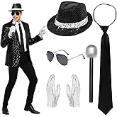 5 Pcs Pop Star Costume, 80s Rocker Star Dancer Cosplay Fancy Dress Accessories Outfit Jazz Sequin Hat Glove Tie Sunglasses Microphone, King of Pop for Adults 80 Theme Party Carnival Halloween Cosplay
