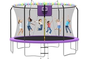 ACWARM HOME 8FT 10FT 12FT 14FT Outdoor Trampoline with Basketball Hoop and LED Lights, ASTM Approved Recreational Trampolines for Kids and Adults with Net and Ladder