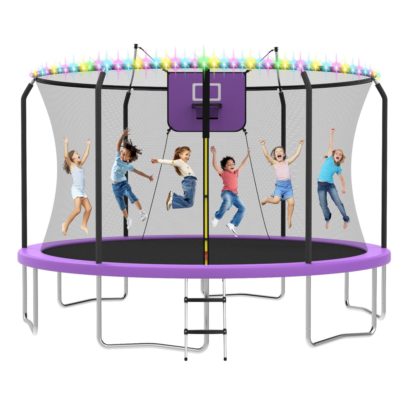 Photo 1 of 8FT 10FT 12FT 14FT Outdoor Trampoline with Basketball Hoop and LED Lights, ASTM Approved Recreational Trampolines for Kids and Adults with Net and Ladder