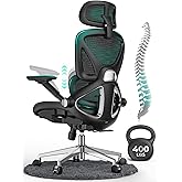 CAPOT Ergonomic Mesh Office Chair, Adjustable Lumbar High Back Desk Chair 400lbs, 4D Flip-up Arms, 3-Level Tilt Backrest, 3D Headrest, PU Wheels, Swivel Rolling Computer Seating for Long Desk Work