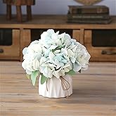 Hbluefat Fake Flowers in Vase, Small Artificial Silk Flowers with Ceramic Vase, Faux Flower Arrangement for Home Office, Coffee Dining Table Centerpiece Decor (Spring Hydrangea,Teal)