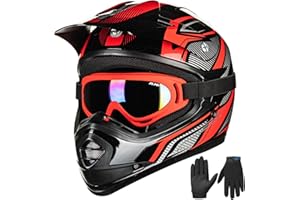 ILM Youth Kids ATV Motocross Helmet Goggles Sports Gloves Dirt Bike Motorcycle Off Road DOT Approved B07 (Youth-S, Red/Silver)