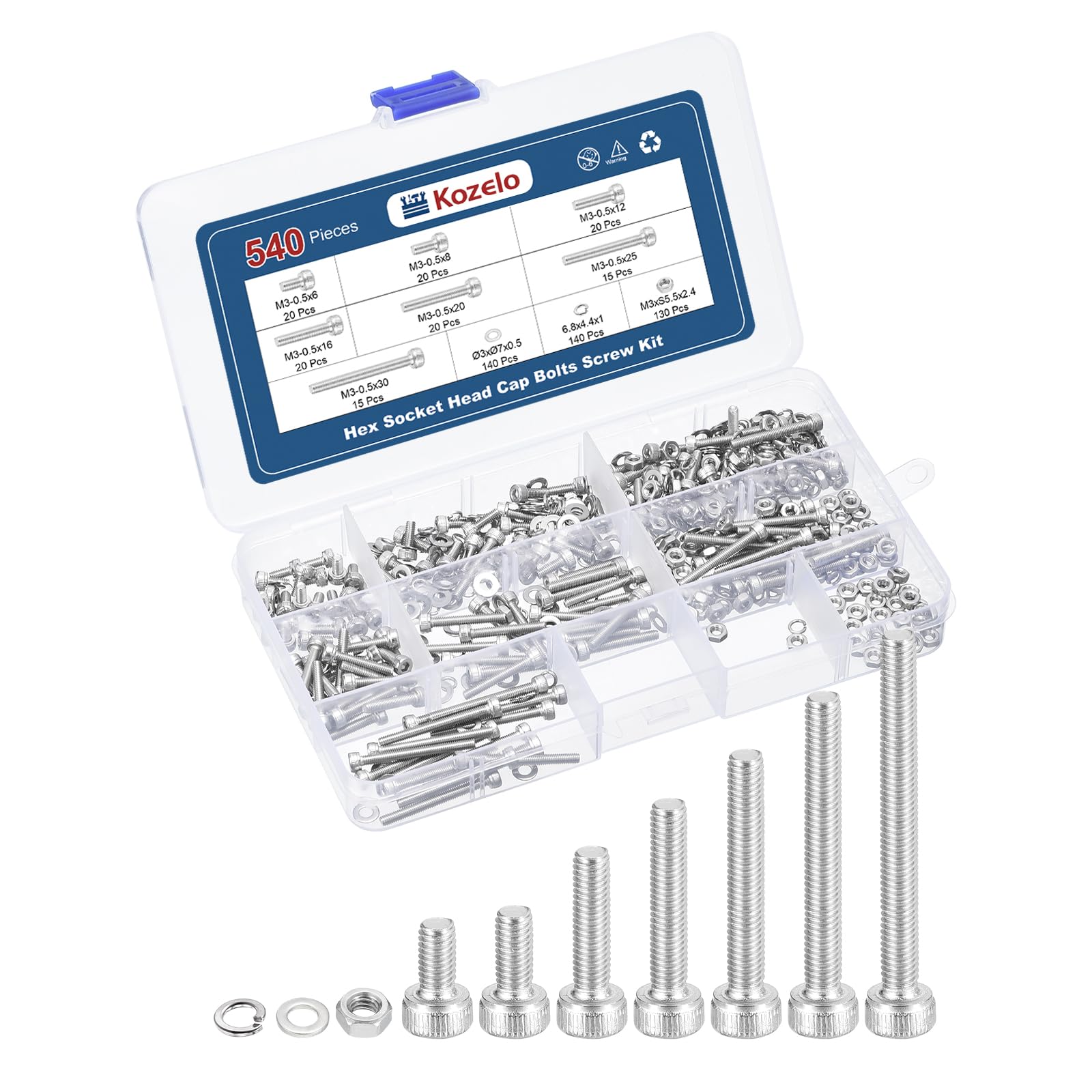 Kozelo 540pcs M3 Socket Head Cap Screws Bolts Nuts Assortment Kit - [M3x6/8/12/16/20/25/30mm] 304 Stainless Steel Allen Socket Drive for 3D Printer