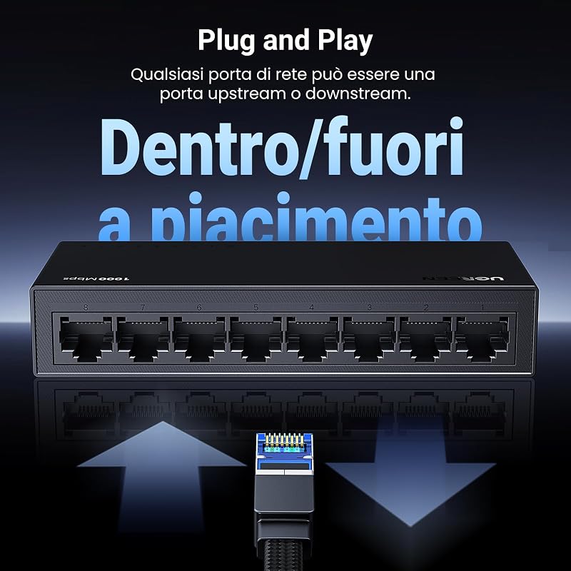 Switch di Rete Ethernet 8 Porte Velocità 10/100/1000 Mbps