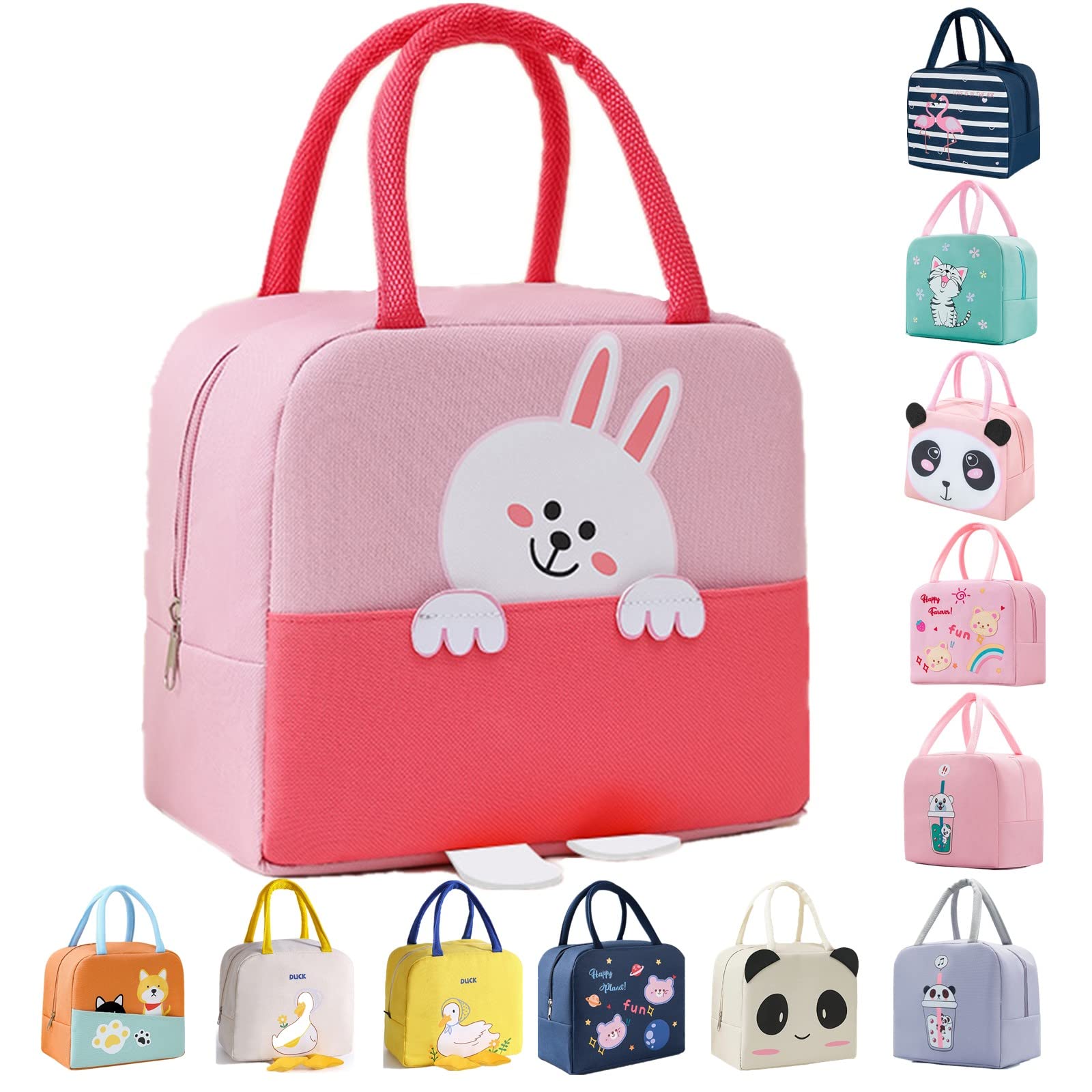 WUWYOUWL Lunch Bag,Cute Carton Insulated Lunch Box,Reusable Lunch Cooler Bags,Waterproof Lunchbag, Foldable Lunch Bag for Women, Men, Kids and Students Travel Picnic School (Rabbit Pink)