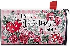 FBCOO Happy Valentine's Day Mailbox Cover Magnetic Standard Size 21"x19", Pink Red Rose Flower Love Decorative Post Letter Box Wrap Decor, Plaid Anniversary Wedding Farmhouse Garden Outdoor Decoration
