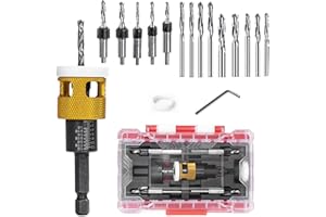 CSYIBEIELEC 15 Pcs Countersink Drill Bits Set with Low Friction Depth Stop, 1/4" Quick Change Hex Shank with 10Pcs Replacement HSS Drill Bit, Adjustable Depth Stop for Wood, Plastic, Woodworking (Yellow)