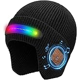 Bluetooth Beanie with Light, Built-in Stereo Speaker Mic and Wide Beam Light, Rechargeable Headlamp hat Music hat, Unique Tech Gifts for Men Him Husband Teen Black