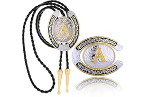 Btilasif 2 Pieces Western Cowboy Belt Buckle Bolo Tie Set Initial Letters A-Z Golden Rodeo Leather Necktie for Men Wedding