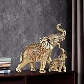 AGKZNTQP Gold Vintage Decorative Mother and Child Elephant Statue, Ornate Details, Raised Trunk, Home Decoration Statue