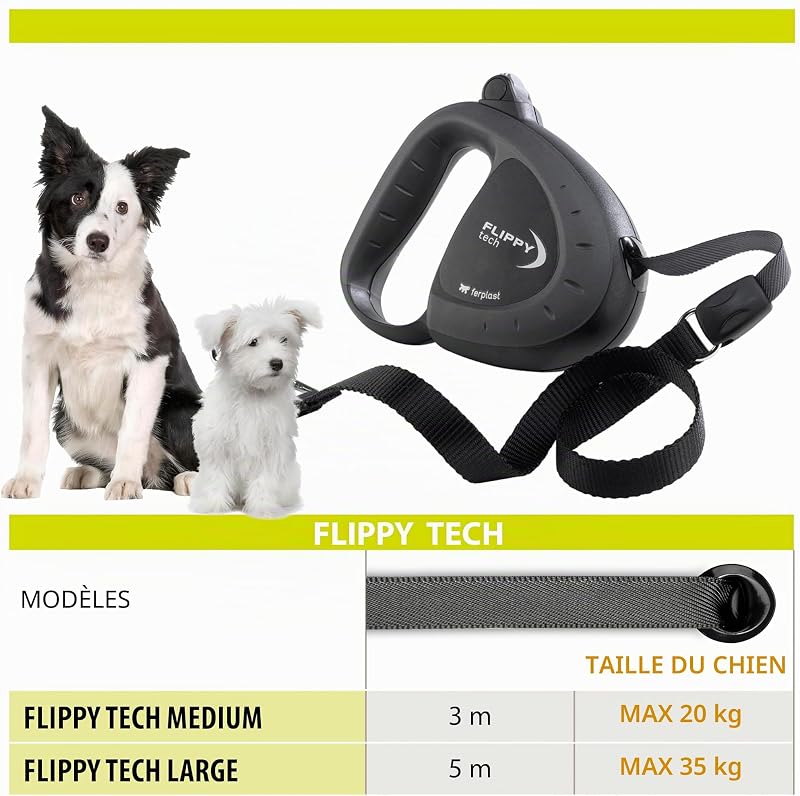 Laisse Chien Enrouleur FLIPPY TECH, Laisse Chiens de Taille Moyenne jusqu'à 25 Kg. Sangle Extensible max 3 m. Bouton de verrouillage et de déverrouillage unique, violet