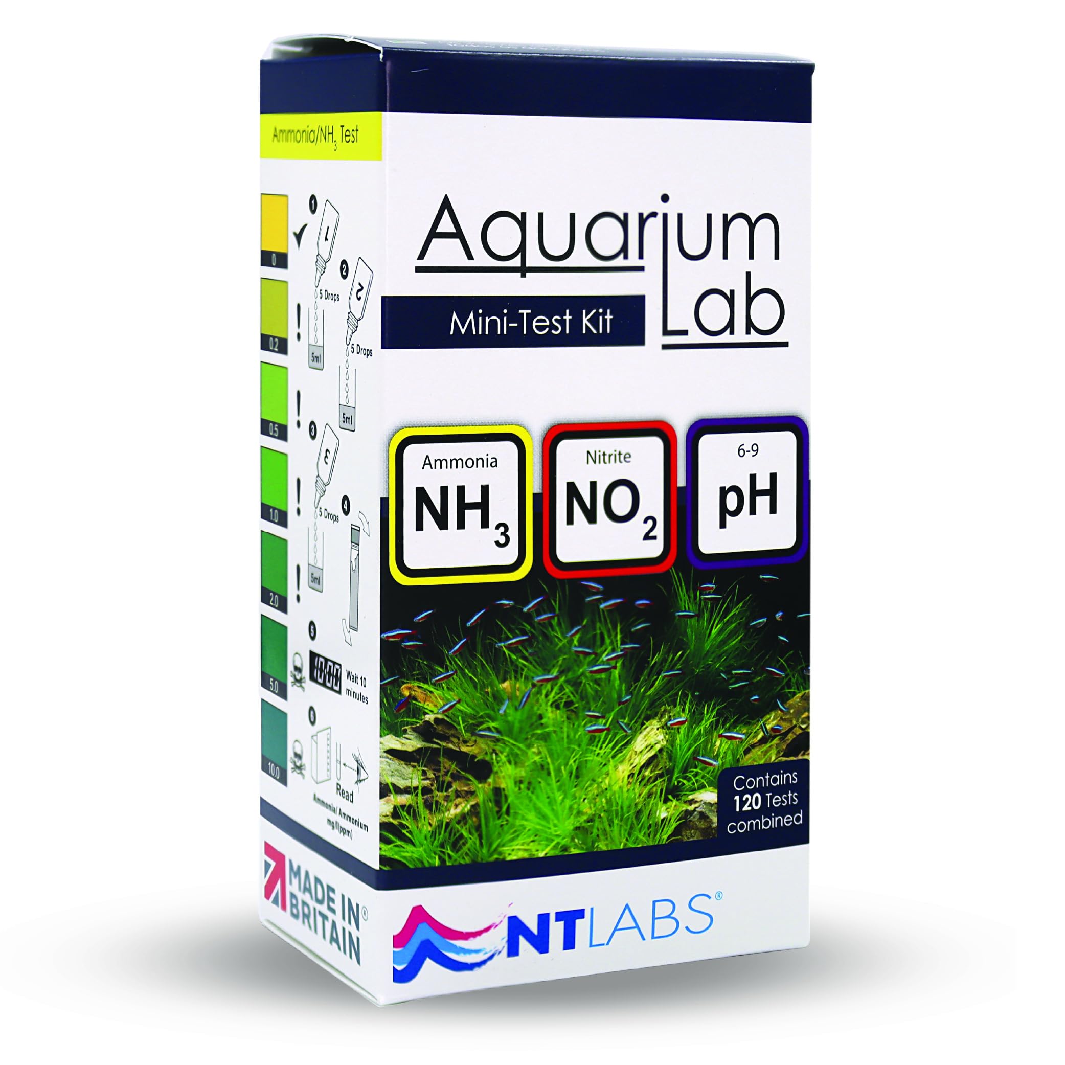 NT Labs Aquarium Lab Mini-Test Kit (3 Key Parameters - pH, Nitrite and Ammonia), Maintain Excellent Water Quality, Accurate Results, Liquid Drop Tests (Contains 120 Tests Combined)