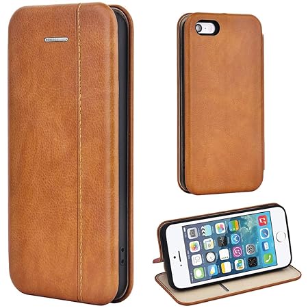 Leaum iPhone SE Hülle, iPhone 5S Handyhülle Lederhülle Flip Case für Apple iPhone SE / 5S / 5 Schutzhülle Leder (Braun)