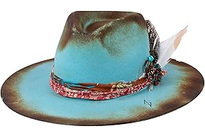 RUEDIGER Vintage Wide Brim Fedora Hats 100% Wool Stiff Felt Hat Panama Rancher Hat with Lightning Logo Handmade Distressed/Burned