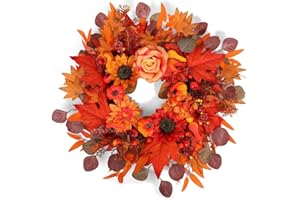 24" Fall Wreath for Front Door Outside - Sunflower, Pumpkin, Berry & Maple Leaves | Weatherproof Autumn Outdoor Wreaths with Hanger Hook for Thanksgiving, Harvest