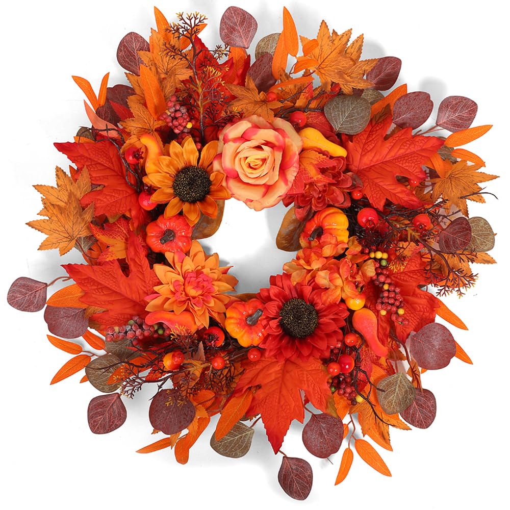 Photo 1 of 24" Fall Wreath for Front Door Outside - Sunflower, Pumpkin, Berry & Maple Leaves | Weatherproof Autumn Outdoor Wreaths with Hanger Hook for Thanksgiving, Harvest