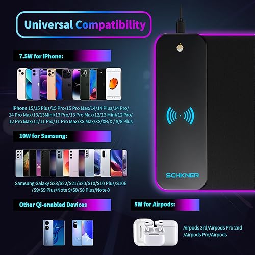 Wireless Charging RGB Gaming Mouse Pad 15W, LED Mouse Mat 800x300x4MM