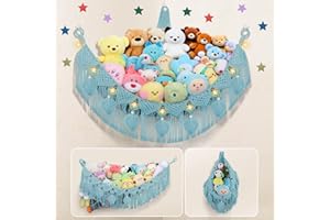 IHANSEE Stuffed Animal Storage Hammock Corner, 56'' Jumbo Boho Macrame Leaf Wall Hanging Toy Holder, Hanging Net Organizer for Teddy Plush, Turquoise Stuffed Animal Net w/ Star Light for Kid Girl Boy Gift